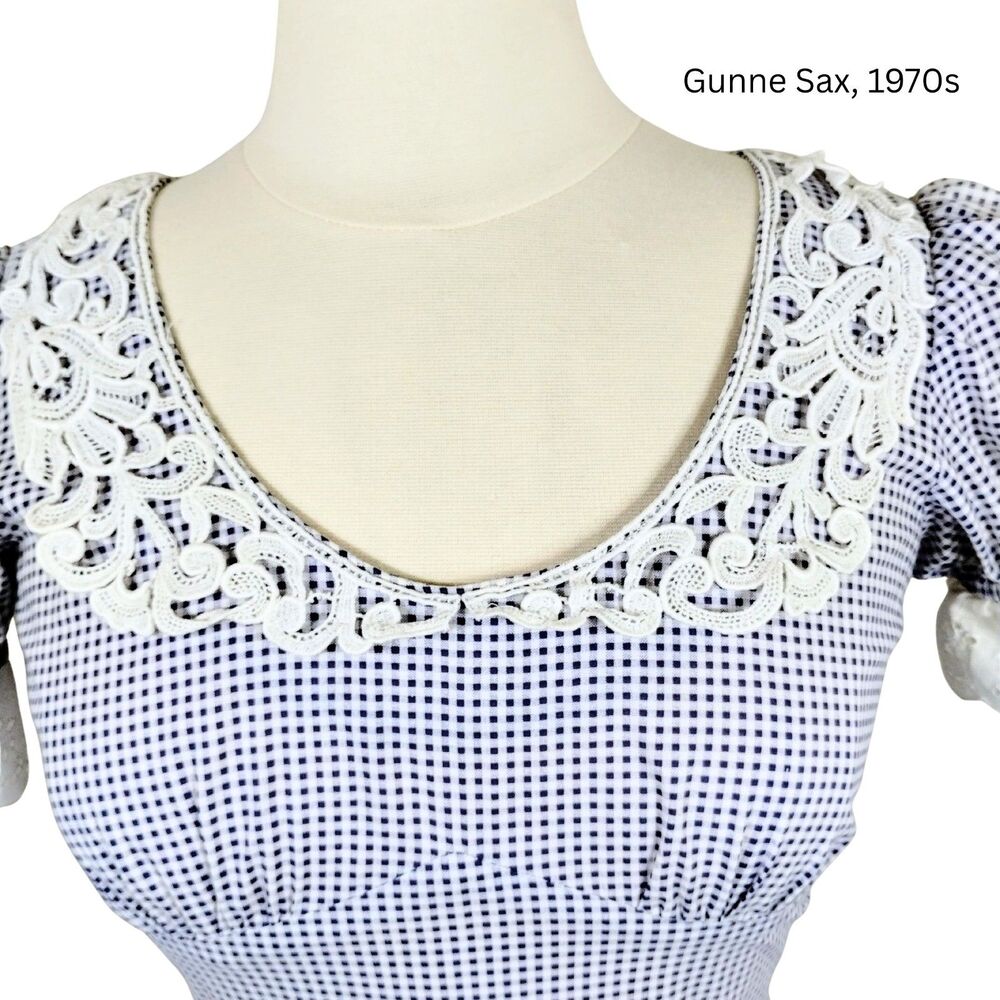 Vtg 70s Gunne Sax Maxi Dress cotton lace collar gingham blue check XS - Picture 8 of 9
